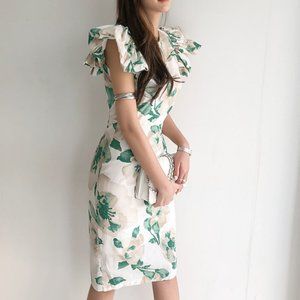 Women's Printed Ruffle Sleeves Mid-length Dress